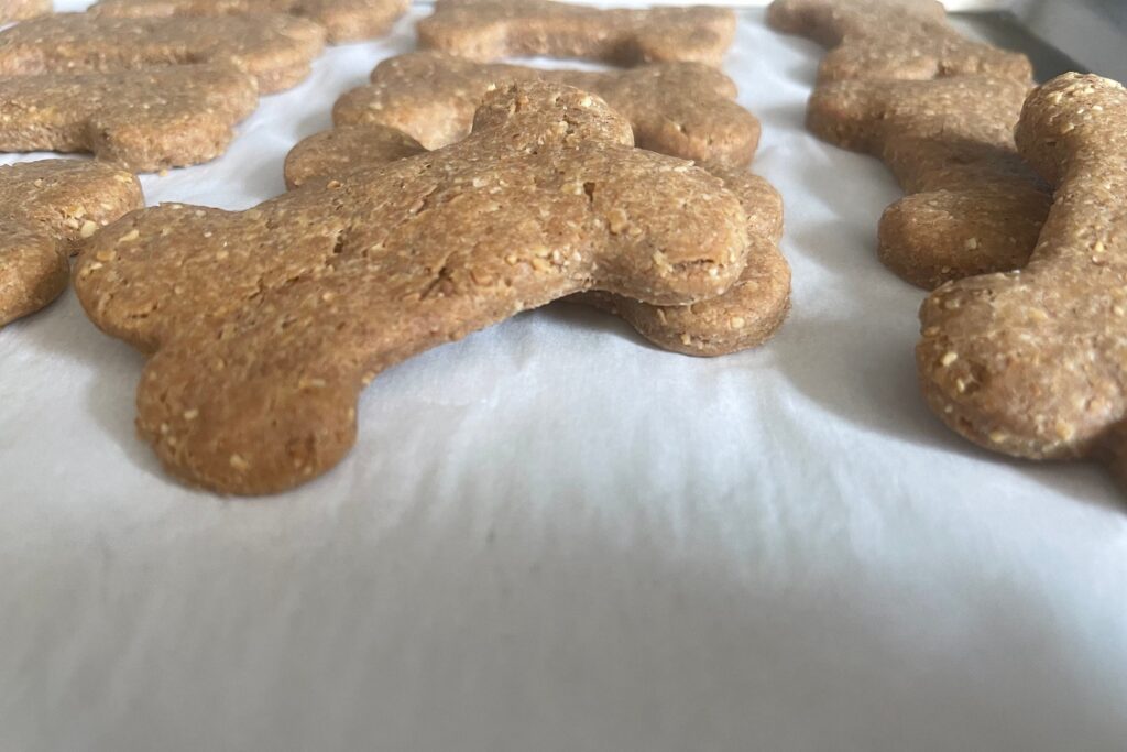 A Baking Sheet Displaying an Assortment of Dog Bone-Shaped Cookies