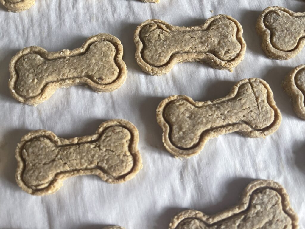 A Baking Sheet Filled with Dog Bone-Shaped Cookies